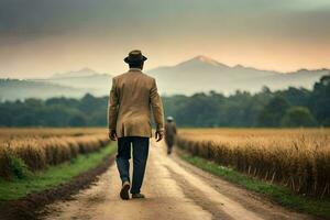 een Mens in een pak wandelingen naar beneden een aarde weg. ai-gegenereerd foto