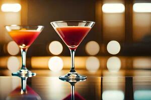 twee bril van rood cocktail zittend Aan een tafel. ai-gegenereerd foto