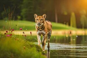 een luipaard wandelen aan de overkant een rivier- in de ochtend. ai-gegenereerd foto