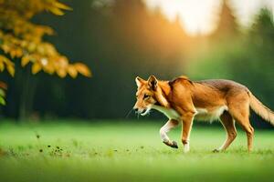 een hond wandelen aan de overkant een groen veld. ai-gegenereerd foto