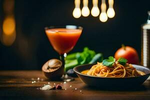 spaghetti en tomaat saus Aan een houten tafel. ai-gegenereerd foto