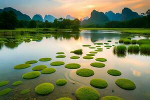 de zon sets over- een rivier- met groen algen. ai-gegenereerd foto