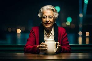 een ouder vrouw Holding een kop van koffie. ai-gegenereerd foto