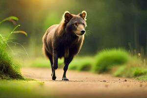 een bruin beer wandelen Aan een aarde weg. ai-gegenereerd foto