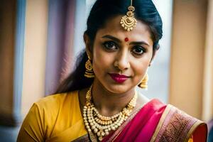 een mooi Indisch vrouw vervelend een geel sari. ai-gegenereerd foto