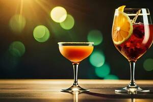 twee bril van cocktails met oranje plakjes. ai-gegenereerd foto