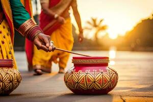 Dames in kleurrijk sari's zijn Holding potten met stokken. ai-gegenereerd foto