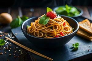 spaghetti met tomaat saus en basilicum bladeren in een schaal. ai-gegenereerd foto
