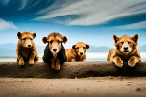 een groep van honden zittend Aan een muur. ai-gegenereerd foto