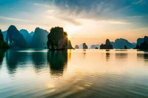 de zon sets over- de water in Halong baai, Vietnam. ai-gegenereerd foto