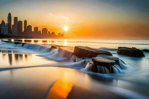 de zon sets over- de stad horizon in dubai. ai-gegenereerd foto