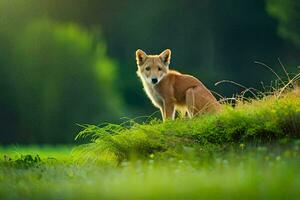 een eenzaam wolf zittend Aan een met gras begroeid heuvel. ai-gegenereerd foto