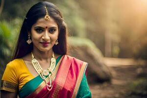 een mooi Indisch vrouw in een kleurrijk sari. ai-gegenereerd foto