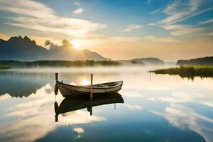 een boot zit Aan de water Bij zonsopkomst. ai-gegenereerd foto