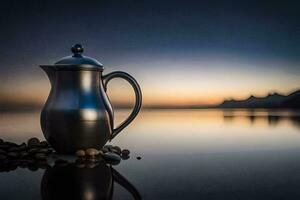 koffie pot Aan de strand Bij zonsondergang. ai-gegenereerd foto