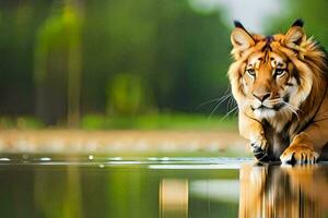 een tijger wandelen aan de overkant de water in de Woud. ai-gegenereerd foto