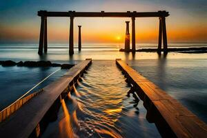 een houten pier met een zonsondergang over- het. ai-gegenereerd foto