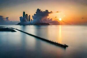 de zon stijgt over- een stad en een pier. ai-gegenereerd foto