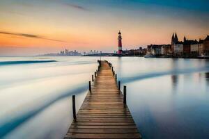 een lang blootstelling fotograaf van een pier in de water. ai-gegenereerd foto