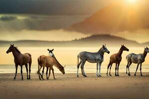 een groep van zebra's en paarden staand Aan de strand. ai-gegenereerd foto