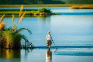 een Mens in een hoed is staand in de water. ai-gegenereerd foto