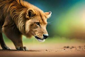 een leeuw wandelen Aan een aarde weg. ai-gegenereerd foto
