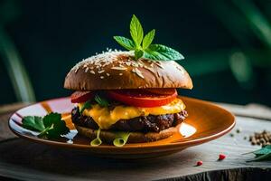 een Hamburger met kaas en tomaten Aan een bord. ai-gegenereerd foto