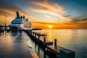 een reis schip aangemeerd Bij de einde van een pier Bij zonsondergang. ai-gegenereerd foto