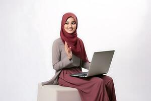 hijab zakenvrouw met laptop computer zittend Aan wit achtergrond ai gegenereerd foto