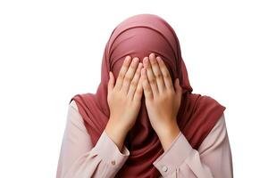 hijab vrouw aan het bedekken haar gezicht met handen geïsoleerd Aan wit achtergrond ai gegenereerd foto