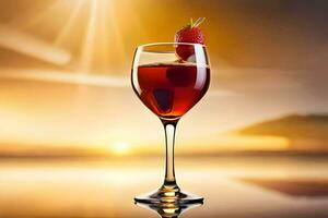 een glas van rood wijn met een aardbei Aan top. ai-gegenereerd foto