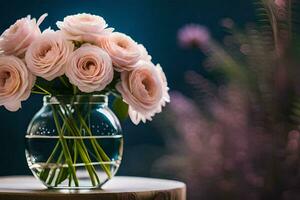 roze rozen in een glas vaas Aan een houten tafel. ai-gegenereerd foto