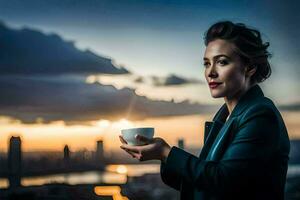 een vrouw Holding een kop van koffie in voorkant van een stad horizon. ai-gegenereerd foto