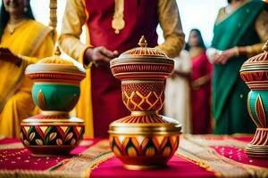 Indisch bruiloft ceremonie Bij de kerala paleis. ai-gegenereerd foto