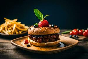 een Hamburger met een aardbei Aan top en Frans Patat. ai-gegenereerd foto