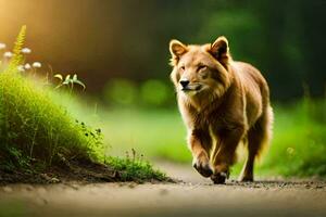 een bruin hond wandelen Aan een aarde weg. ai-gegenereerd foto