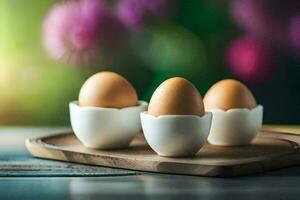 drie eieren zijn zittend Aan een houten dienblad. ai-gegenereerd foto