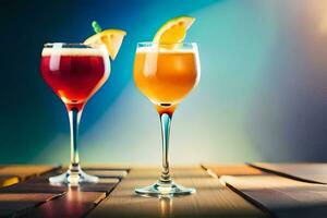 twee bril van cocktails met oranje plakjes Aan de tafel. ai-gegenereerd foto