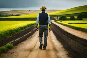 een Mens wandelen naar beneden een aarde weg in de midden- van een veld. ai-gegenereerd foto