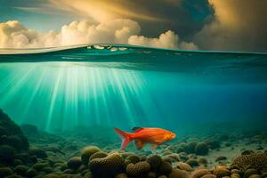 een vis zwemmen in de oceaan onder een bewolkt lucht. ai-gegenereerd foto