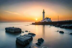 een vuurtoren is gezien Bij zonsondergang in de oceaan. ai-gegenereerd foto