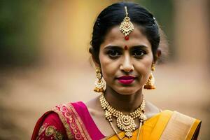 een mooi Indisch vrouw vervelend een traditioneel sari. ai-gegenereerd foto