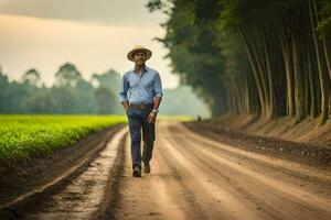 een Mens in een hoed wandelingen naar beneden een aarde weg. ai-gegenereerd foto