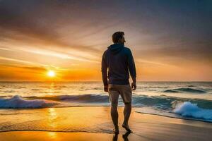 een Mens staand Aan de strand Bij zonsondergang. ai-gegenereerd foto