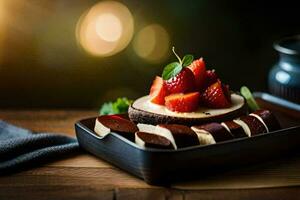 een bord met aardbeien en chocola. ai-gegenereerd foto
