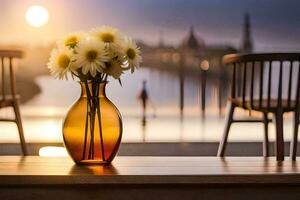 een vaas met bloemen Aan een tafel in voorkant van een zonsondergang. ai-gegenereerd foto
