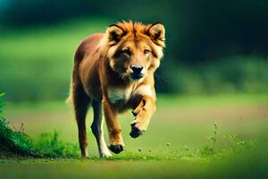 een leeuw rennen aan de overkant een veld. ai-gegenereerd foto