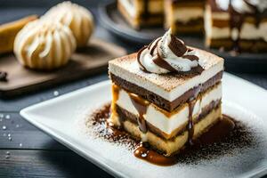 een stack van gelaagde desserts Aan een bord. ai-gegenereerd foto