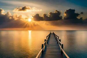 een houten pier strekt zich uit uit in de oceaan Bij zonsondergang. ai-gegenereerd foto