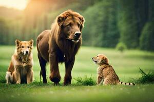 een leeuw en twee tijgers in de gras. ai-gegenereerd foto